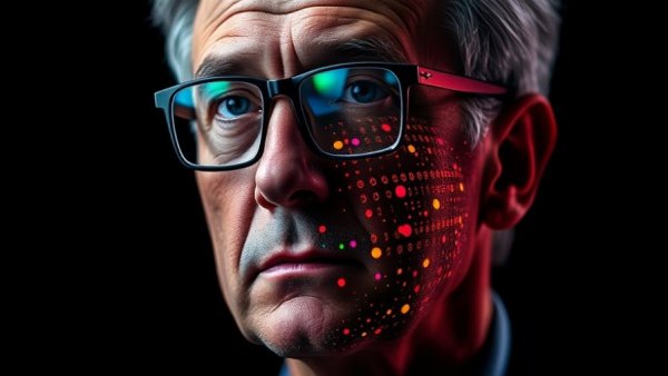 Abstract portrayal of a man with digital dots, illustrating AI impacts.