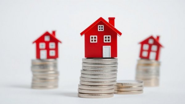 Mansion tax impact visualized with toy houses on coin stacks, highlighting property prices.