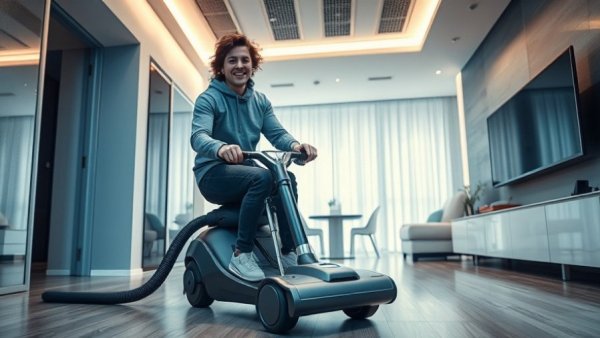 Innovative cleaning idea: riding a vacuum in a sleek apartment