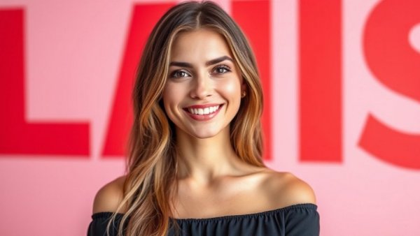 Elegant woman smiling warmly in front of a pastel background.