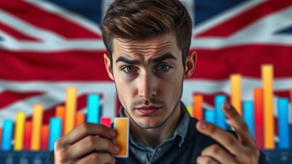 Young man analyzing UK government spending with colorful bar graphs.