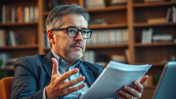 Man discussing financial literacy in an office setting.