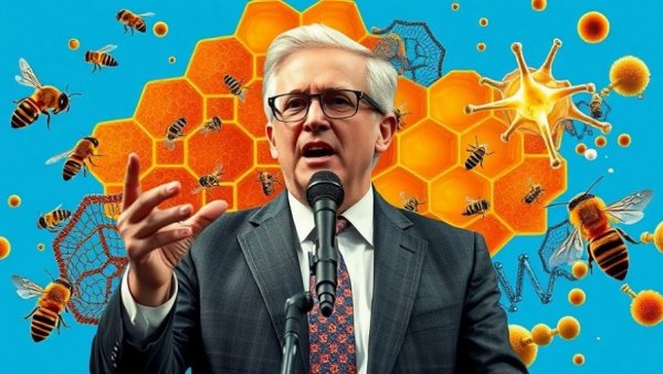 Collage illustrating AlphaFold AI protein prediction with bees and proteins.