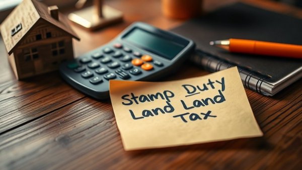 Stamp duty holiday concept with sticky note, house model, calculator.