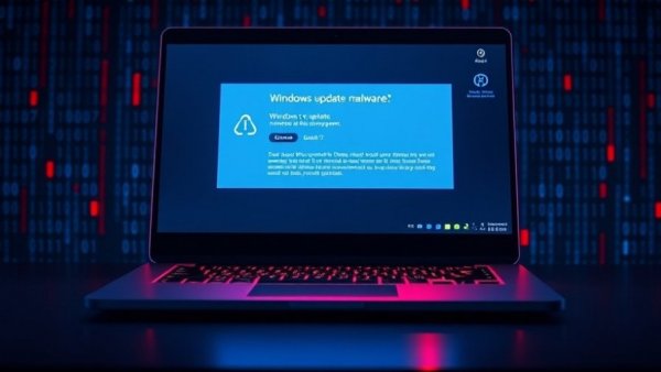 Futuristic laptop with malware warning symbol indicating fake Windows update.