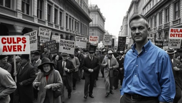 Great Depression economic lesson with protest scene and presenter