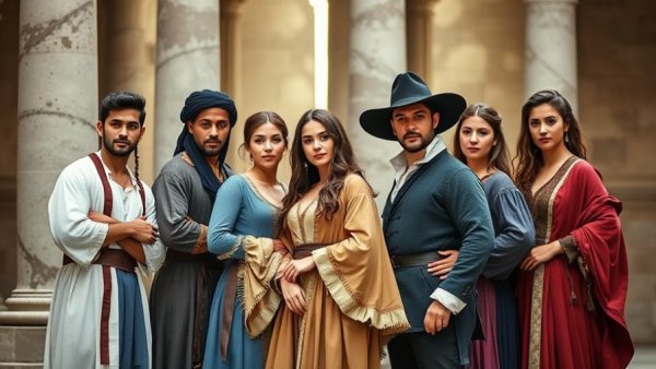 Group in historical costumes enthusiastically posing in an architectural setting.