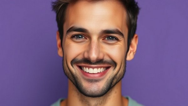 Smiling man portrait against purple for Atom Bank refinancing