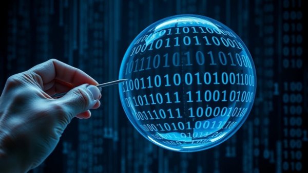 Conceptual image depicting the AI investment bubble with binary code inside and a needle.