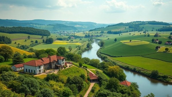 Aerial view of scenic homes with over an acre of land, lush greenery.