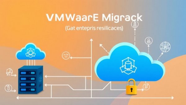 Business graphic on VMware migration and continuity, cloud icons.