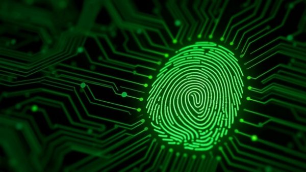 Digital fingerprint with green circuits, block states from regulating AI