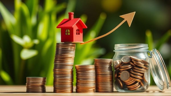 Symbolic upward trend of housebuilder shares with coins and arrow.