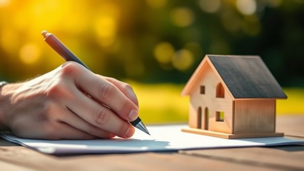 Hand writing near a house model symbolizing property finance planning.