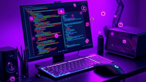 3D illustration of coding workspace with digital tools.