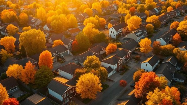 Suburban neighborhood with autumn foliage, Autumn Budget 2025 housing implications.