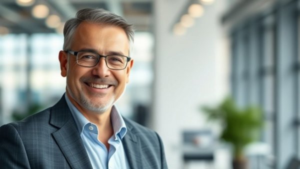 Confident middle-aged man in modern office, related to second charge refurbishment loan.