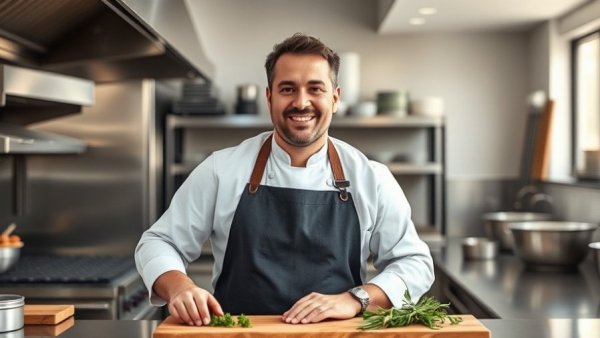 Professional chef in kitchen with apron, Tom Kerridge x M&S saucepan set.