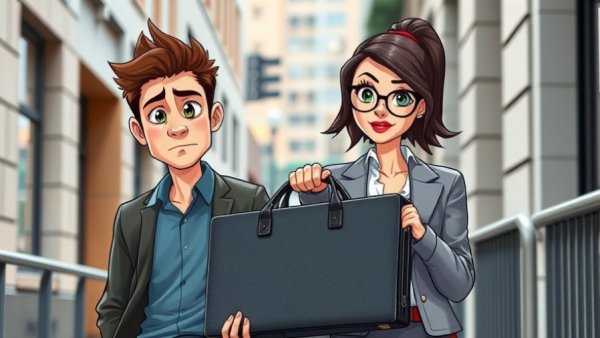 UK Budget 2025 implications with a concerned man and confident woman holding briefcase.