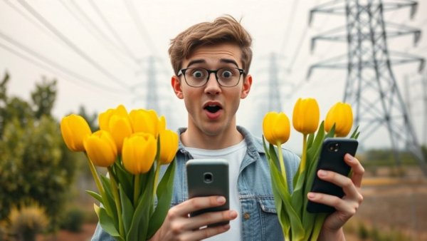 AI Hype Index concept: Surprised man with tulips and tech.