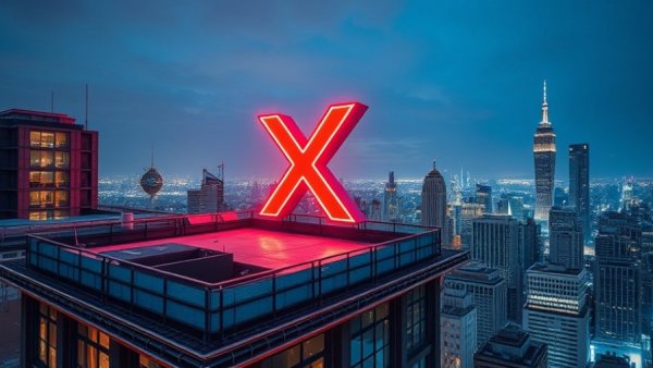 Rooftop with neon X sign at night symbolizing social media.