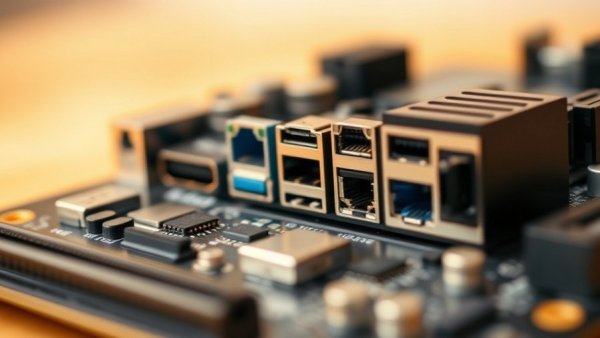 Close-up of computer motherboard ports featuring USB-C connectivity