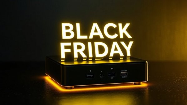 Bosgame P3 Mini PC Deal showcased under a glowing Black Friday sign.