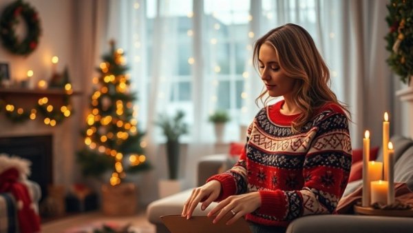 Woman in festive sweater preparing for Christmas activity in cozy room