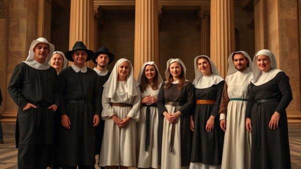 Group in pilgrim costumes posing indoors, economic impact context.