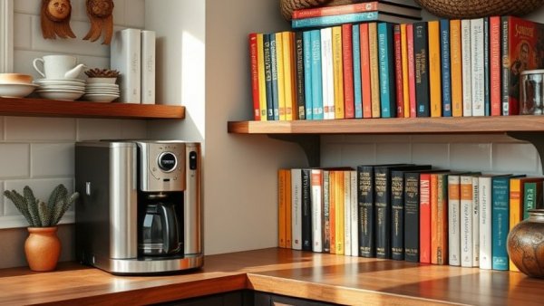 Affordable bean to cup coffee machine in cozy kitchen setup with colorful books.