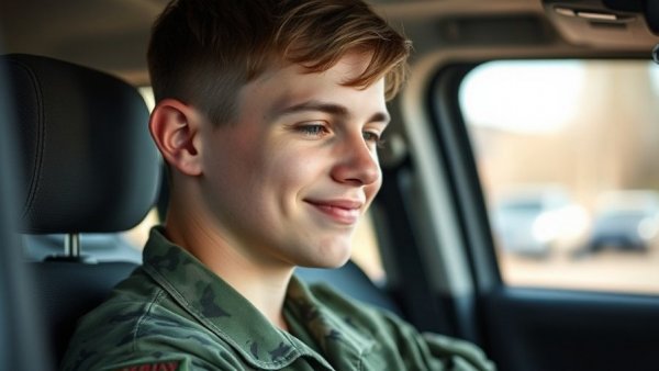 National Guard member smiling in vehicle, soft natural light