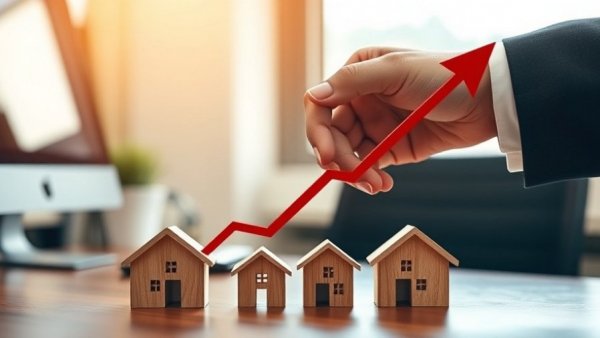 Hand holding arrow over wooden houses symbolizing house prices Southern England decline.