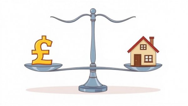 Balance scale with pound and house illustration.