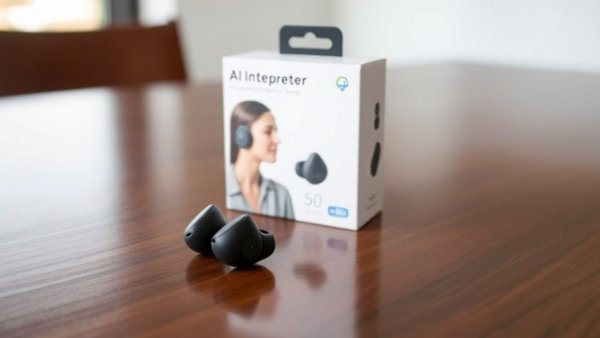 Close-up of Timekettle W4 earbuds and packaging on a table.