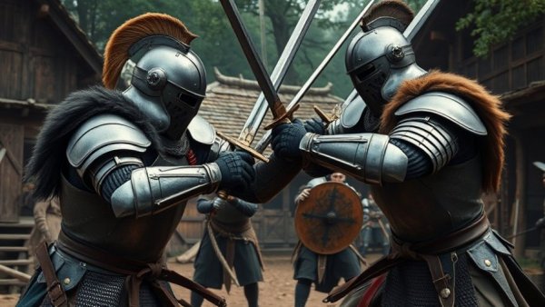 Fantasy sword crafting battle scene with medieval warriors in action.