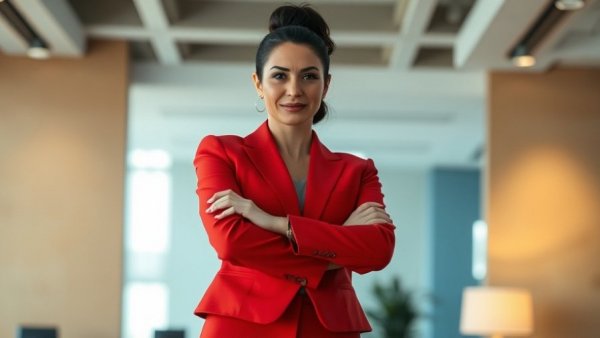 Professional woman in red suit in modern office, related to HMO refinancing.