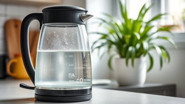Sleek black electric kettle boiling water to cut energy bills when cooking.