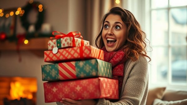 Woman contemplating Christmas budget for family of four, holding gifts.