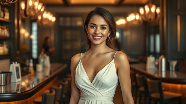Elegant woman at bar in ivory dress with warm lighting.