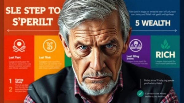 5 Brutal Stages to Getting Rich Young infographic with stages 1 to 5 and a serious man.