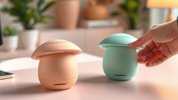 Colorful mushroom-shaped Bluetooth speakers on a stylish desk