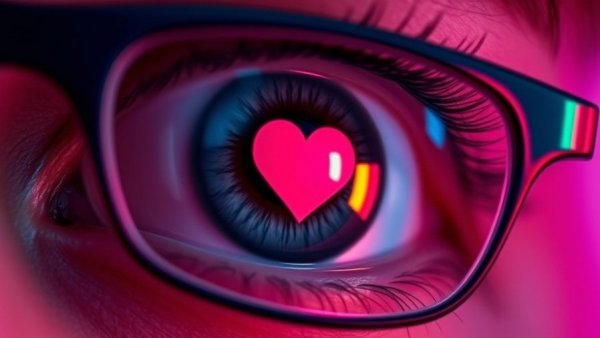 Heart reflection on eye with glasses, symbolizing parasocial relationships.