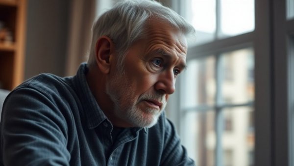 Contemplative elderly man indoors reflecting on spatial planning for a multi-generational housing market.