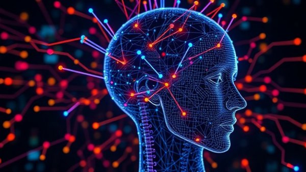 AI technology visualized with digital head and data network, illustrating AI job displacement strategies for small businesses.