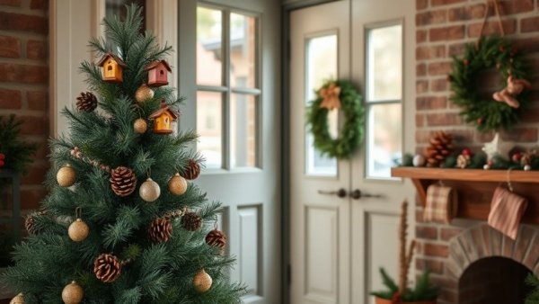 Artificial Christmas tree with festive decorations by rustic door, creating a cozy holiday atmosphere.