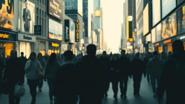 AI's impact on the economy visualized through a crowd with data overlays.