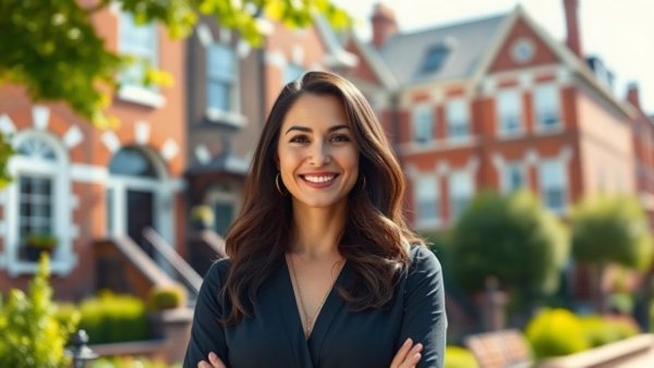 Smiling woman discussing UK property prices.