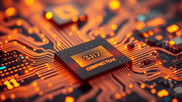 Abstract quantum computing chips with binary code overlay, vibrant colors.