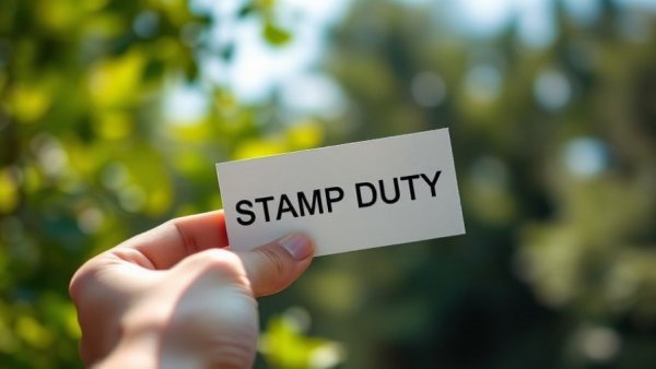 Hand holding 'STAMP DUTY' card, green bokeh background, stamp duty relief for property investment.
