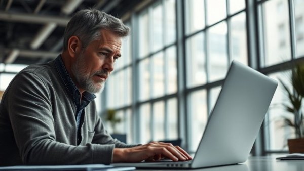 Intensely focused middle-aged man typing on a laptop in a bright office.